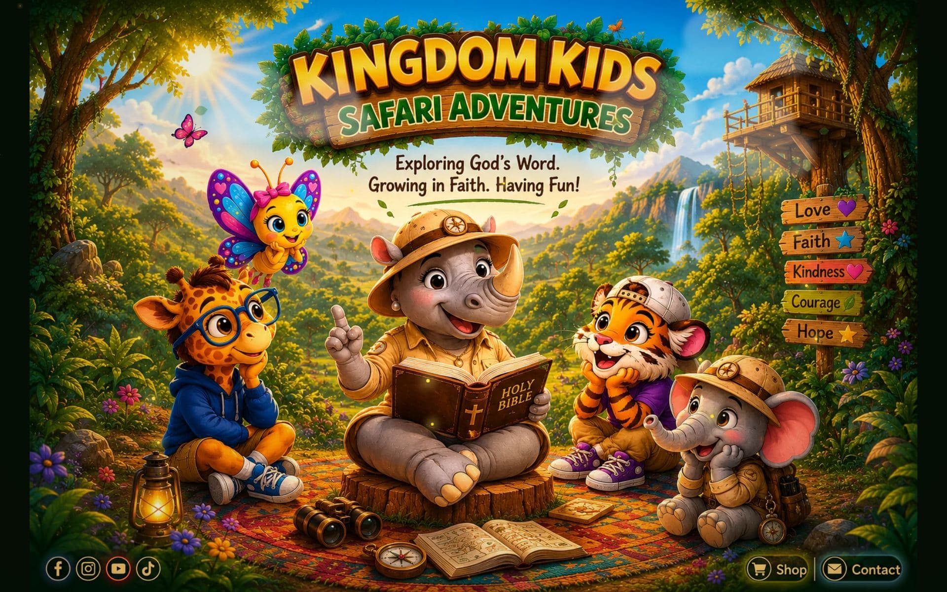 Kingdom Kids Safari home page: cartoon safari animals gathered around a Bible in a jungle clearing